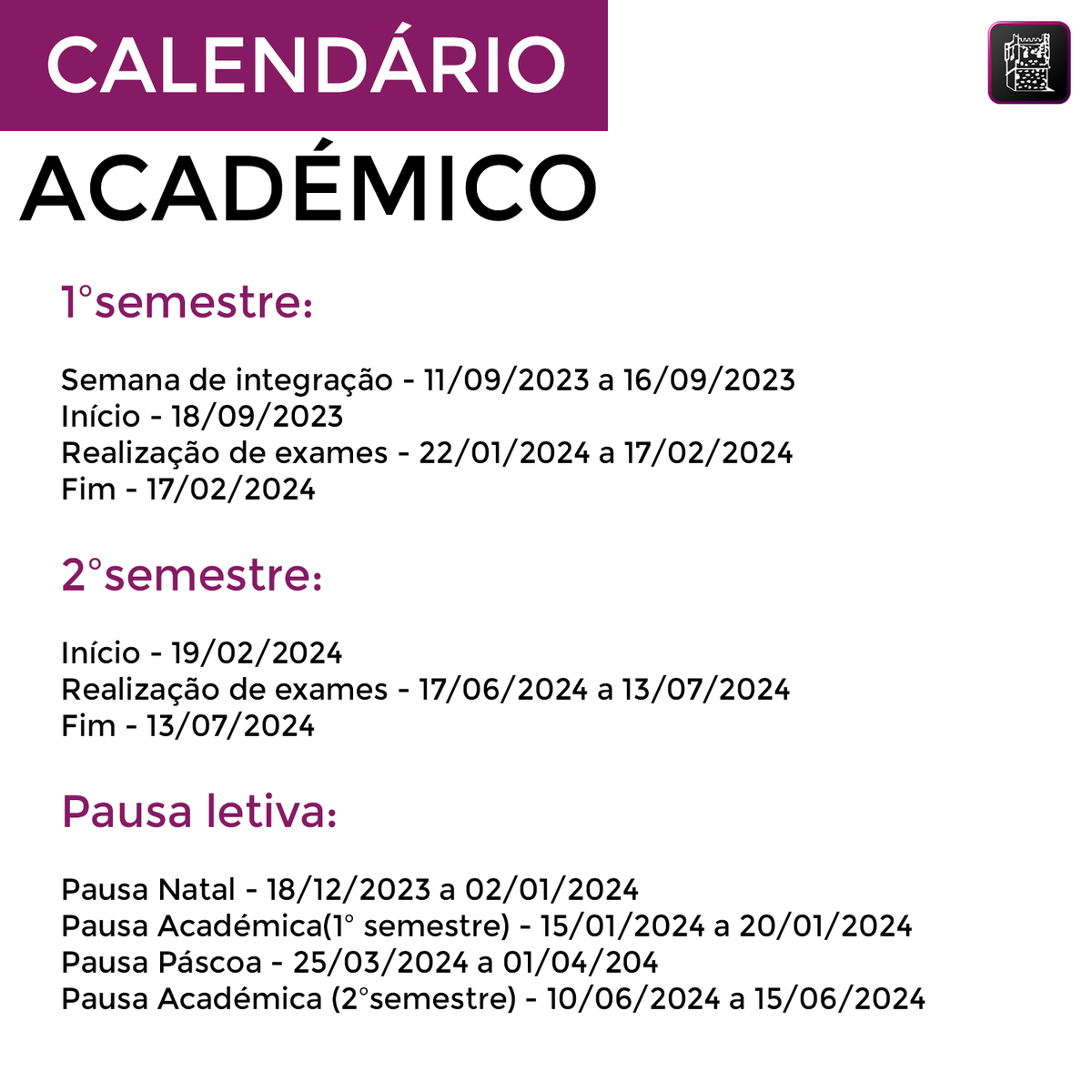 Calendário Académico do Instituto Politécnico de Bragança para o ano letivo 2023/2024.