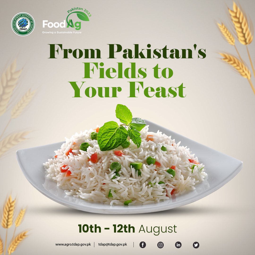 official_tdap's tweet photo. Enhance your taste buds with Pakistan’s premium rice. 
Pakistan is known for its array of aromatic long-grain, fragrant basmati, and other varieties. Our premium rice boasts exceptional flavor, delightful aroma, and the perfect texture that will elevate your culinary creations to new heights! Our rice is a result of sustainable farming practices and the dedication of our skilled farmers.

Join us at the First International Food & Agriculture Exhibition on 10-12 August 2023 at Expo Centre, Karachi and experience the goodness of Pakistan’s Rice - a household staple that unites people worldwide!

 #PakistanRice #FoodExhibition #AgricultureExpo #TasteofTradition #PremiumQuality #FarmersPride #FoodAg2023 #GrowingASustainableFuture