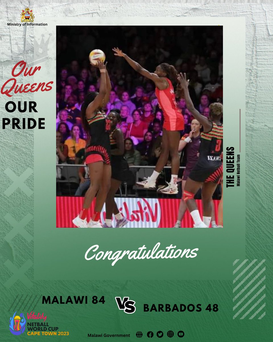 Malawi Queens have proceeded to the next round of the #NWC2023 after defeating Barbados in their last group match today in Capetown, South Africa.
#OurQueensOurPride