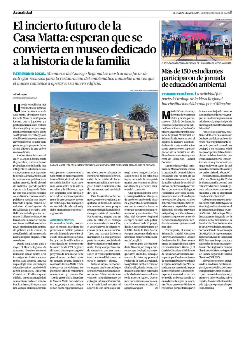Hoy domingo 30/07 en <a href="/diarioatacama/">Diario Atacama</a> 📰 El incierto futuro de la Casa Matta (<a href="/casamattamuseo/">Museo Regional Atacama</a>): esperan que se convierta en museo dedicado a la historia de la familia.