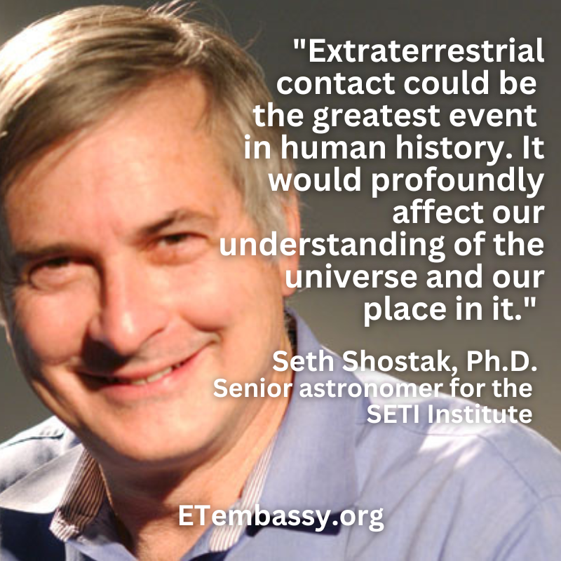 ET_embassy's tweet photo. "Extraterrestrial contact could be the greatest event in human history. It would profoundly affect our understanding of the universe and our place in it." Seth Shostak, Ph.D. , Senior astronomer for the SETI Institute
#setiinstitute @SethShostak #extraterrestrial #uap https://t.co/OyETJTwaHh