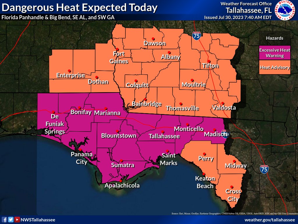 NWSTallahassee's tweet photo. 7/30/23 8AM ET 🧵 [1/2] #FLwx #GAwx #ALwx

Heads up! We have 2 concerns for today. Dangerous #heat &amp; severe wx. 🥵⛈️

What - Max heat indices 105-115° 🌡️
Where - Areawide (FL counties most at risk) ⚠️
When - Late AM thru this afternoon ⏱️
Action/Info - https://t.co/sDZ77FAjzo 🔍 https://t.co/DwYLypX7ga