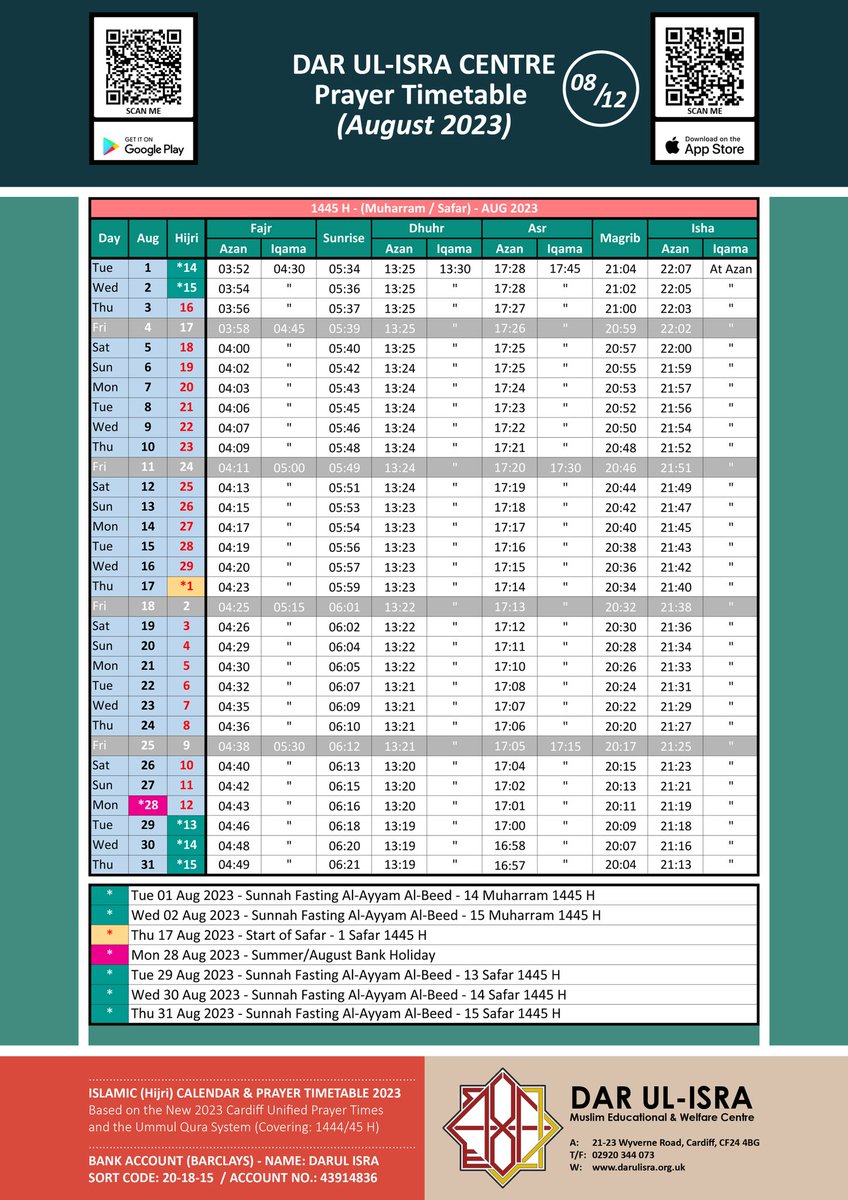August Prayer Timetable