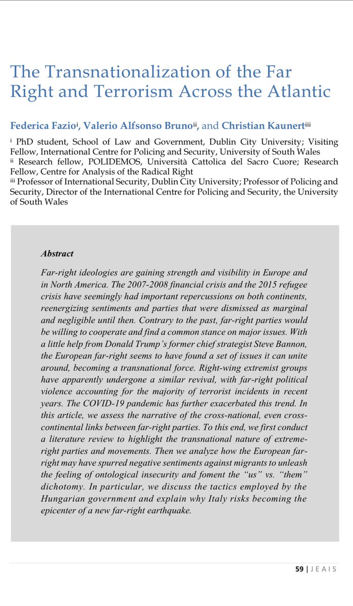 Happy to announce that a piece I co-authored with @ValerioA_Bruno & @ChristianKaune1 on the transnationalization of the #farright & #terrorism has been published in the Journal of European and American Intelligence Studies. Many thanks to Jonathan Smith and the editorial team