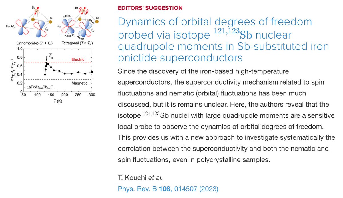 PhysRevB's tweet photo. PRB Editors' Suggestion: Dynamics of #orbital degrees of freedom probed via isotope 121,123Sb nuclear #quadrupole moments in Sb-substituted iron #pnictide #superconductors
T. Kouchi et al,
Phys. Rev. B 108, 014507
➡️ https://t.co/ZucOvU72js
#EdSugg #condmat #physics @APSPhysics https://t.co/tW2A9WzFVX