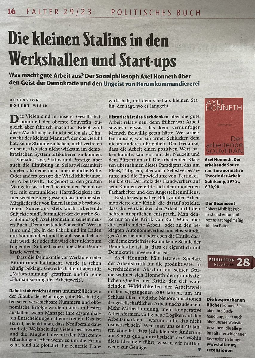 Habe Axel Honneths Überlegungen zu Arbeitswelten und Demokratie für den „Falter“ besprochen.