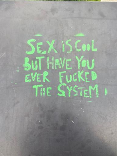 GraffitiRadical's tweet photo. "Sex is cool but have you ever fucked the system"
Stencil seen in Paris https://t.co/AFpRCE6kw2
