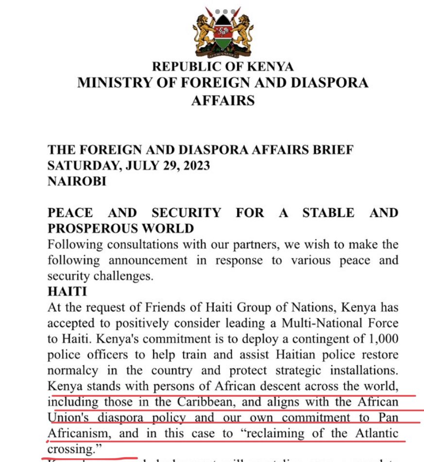 Este comunicado de Kenya de que considerarian enviar 1000 policias a Haiti genera inquietudes..para mi lo más extraño es eso del "el reclamo del cruce del Atlantico" combinado con el entendimiento de "pan africanismo" al referirse a Haiti..¿lo ven como parte integral de África??