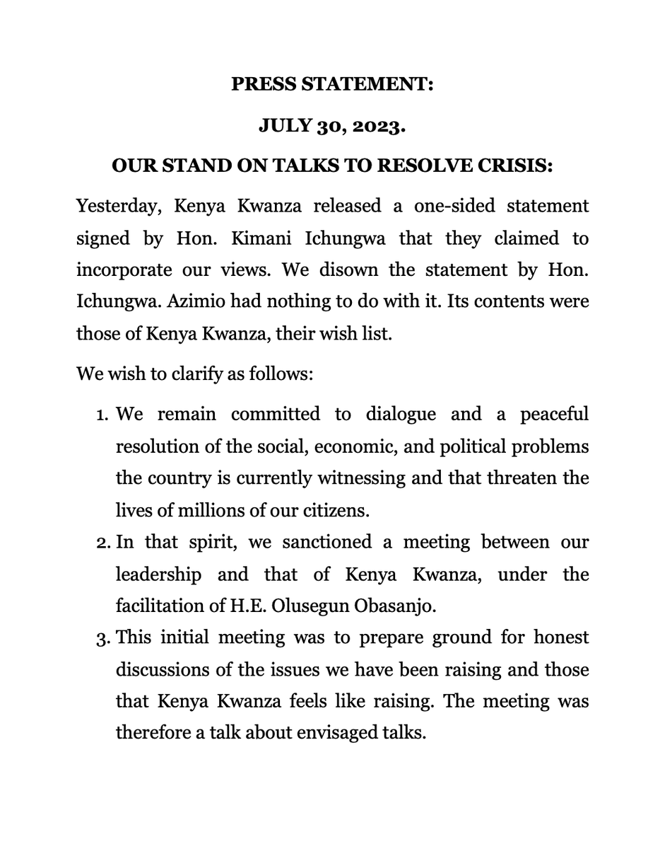 RailaOdinga's tweet photo. Yesterday, Kenya Kwanza released a one-sided statement signed by Hon. Kimani Ichungwa that they claimed to incorporate our views. 

We disown the statement by Hon. Ichungwa. Azimio had nothing to do with it. Its contents were those of Kenya Kwanza, their wish list. https://t.co/F1My6cbTxV