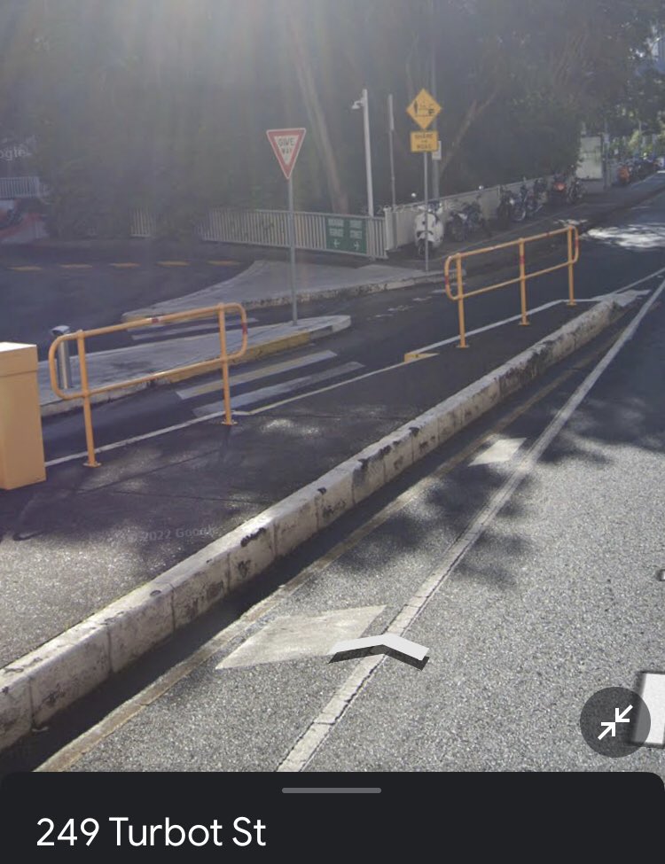 WendyAghdam's tweet photo. Hey @brisbanecityqld 😊 
Have been wondering why this path on Turbot St leads to inaccessible curbs.
Can this be reviewed please?
Second google street view image of the carpark exit may be a good place for a wombat crossing. https://t.co/fYEveRTNdc
