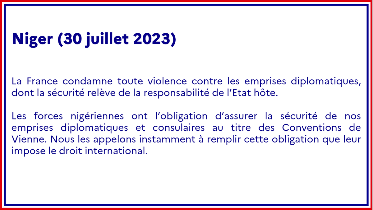 francediplo's tweet photo. #Niger | La France condamne toute violence contre les emprises diplomatiques, dont la sécurité relève de la responsabilité de l’Etat hôte.

Communiqué ➡️ https://t.co/IyQEAO7JKa https://t.co/1Eb24r3HWH