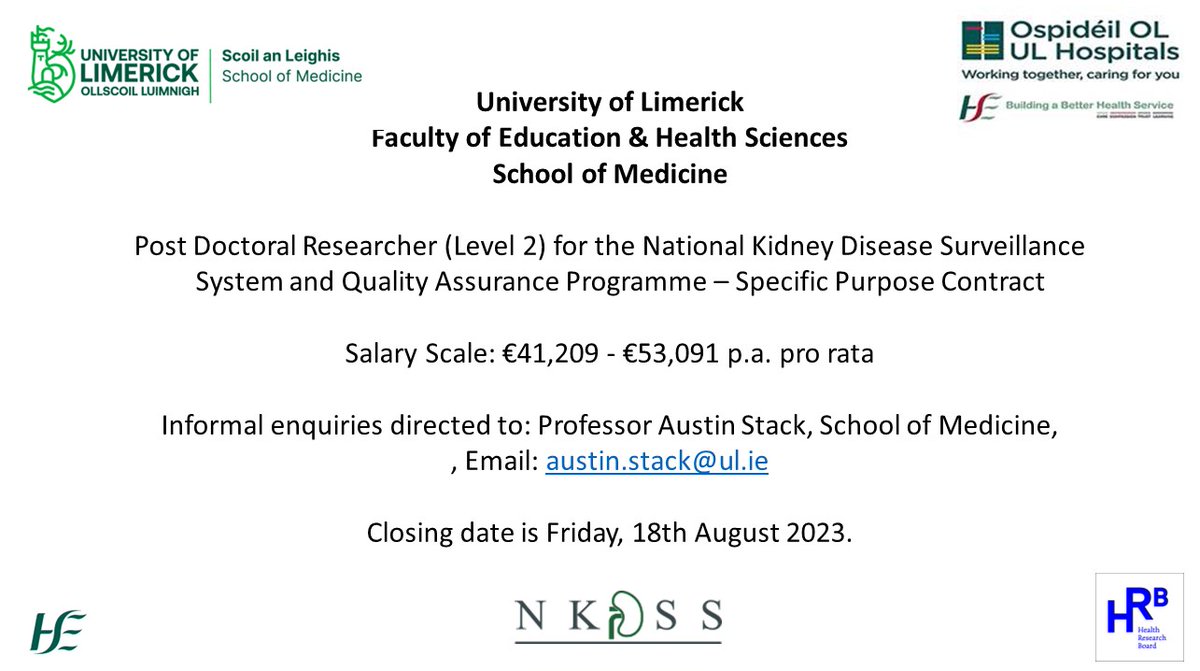 📢Exciting opportunity for Post Doctoral Researcher to join our dynamic research team at the National Kidney Disease Surveillance System and Quality Assurance programme. #research #data #knowledge @statnews @LiamGGlynn @galvin_rose @hpscireland @Young_Stats_ISA @HRI_UL