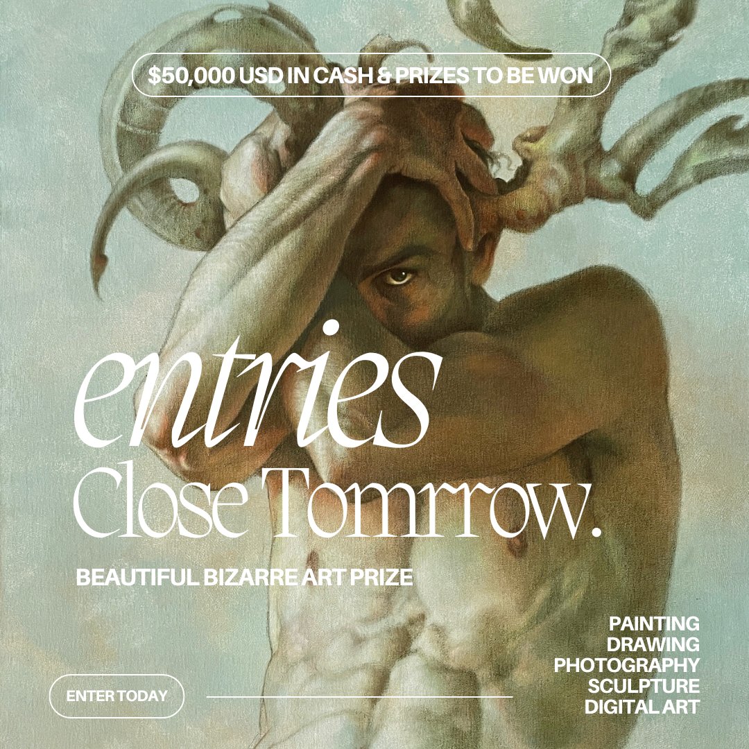 BeautifulBzarre's tweet image. DON'T MISS OUT! Beautiful Bizarre Art Prize closes tomorrow 😱 $50,000 USD in cash &amp;amp; amazing prizes to be won + have your work published in Beautiful Bizarre Magazine!

Its easy, just enter the best work from your portfolio &amp;gt; beautifulbizarreartprize.art 

Entry: Jana Vodesil-Baruffi