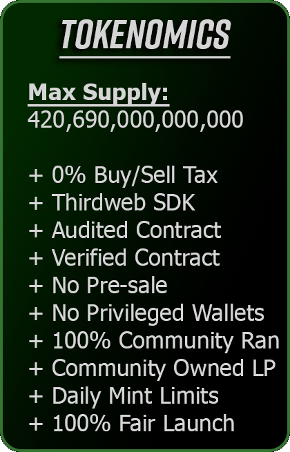 FourChanX's tweet photo. Token Supply Roadmap Below

FREE MINT at https://t.co/qgo1pdgbeC

100B limit

Utility Roadmap coming soon. Here is what you can expect to see:
Governance Details
Front End UI Plans
Community Vote to grant/revoke roles, run non-custodial wallets.

The ultimate community token https://t.co/YETx7fXECM