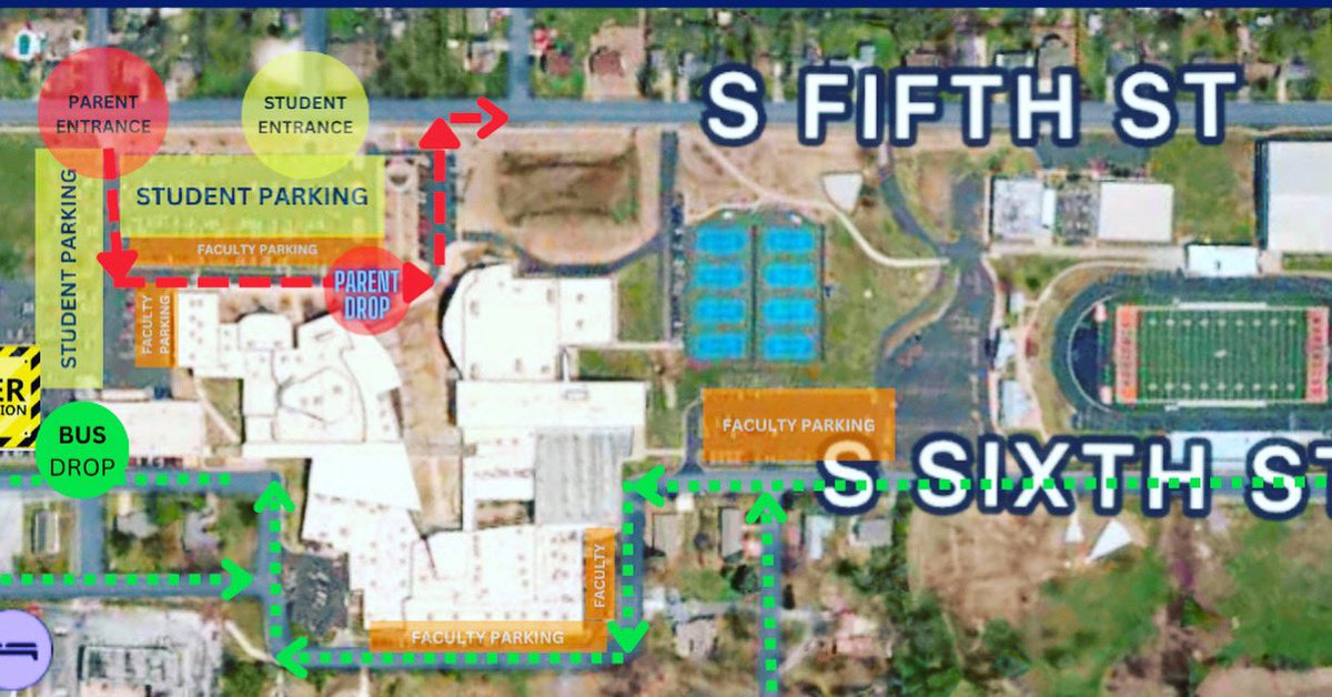 We will have a new traffic flow next year. Students parking will enter off 5th St. Students being dropped off will also enter off 5th St. using another entrance and exit. Bus riders will be dropped off and picked up behind our Career Center.