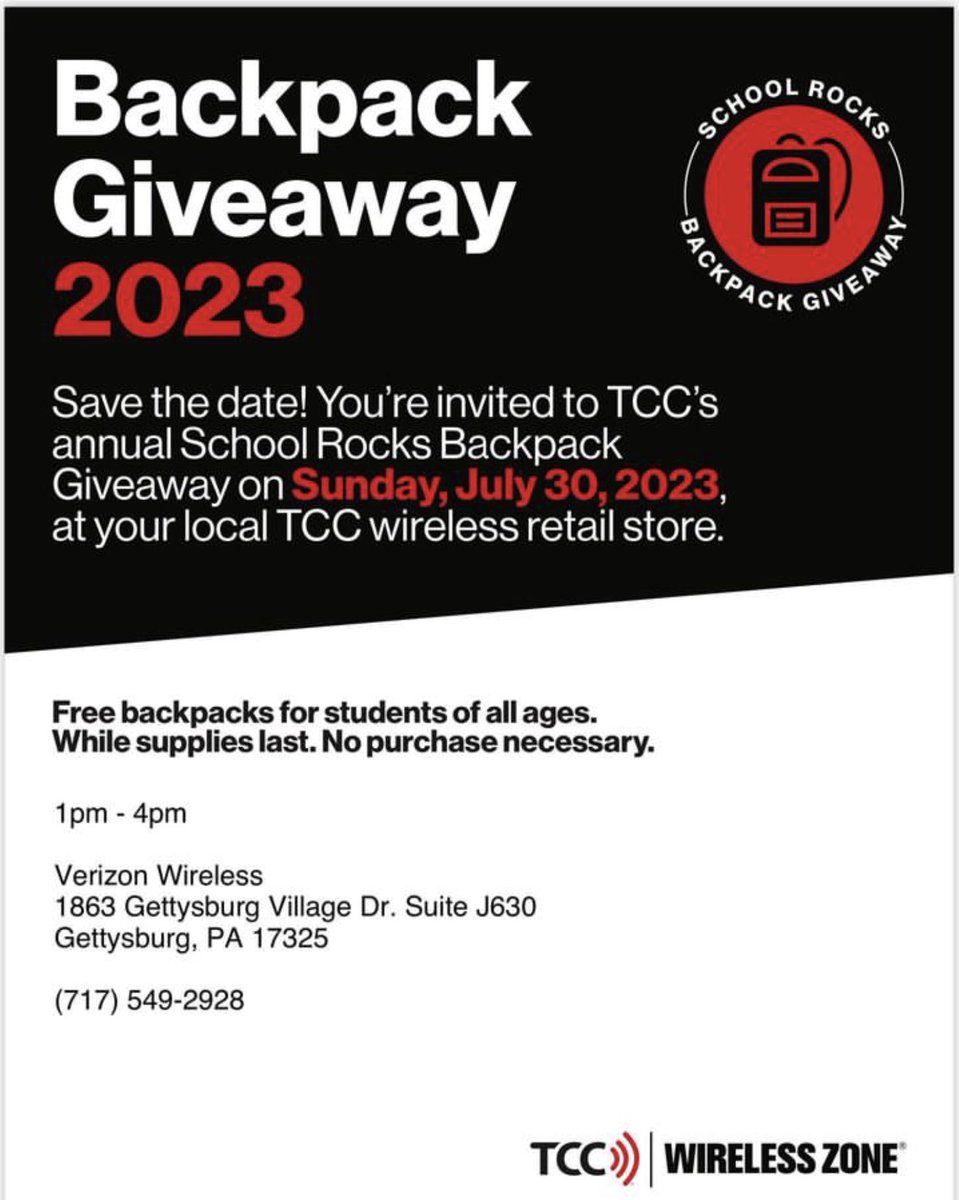 OutletGburg's tweet image. TODAY! YOU’RE INVITED TO THE 2023 TCC ANNUAL SCHOOL ROCKS #BACKPACK GIVEAWAY!

🎒 #VERIZON WIRELESS SUITE 630 THE OUTLET SHOPPES

🎒 1PM-4PM JULY 30, 2023

🎒 #FREEBACKPACKS FILLED WITH SCHOOL SUPPLIES! *WHILE SUPPLIES LAST

#gettysburgoutlets #gettysburg #outlets #backtoschool
