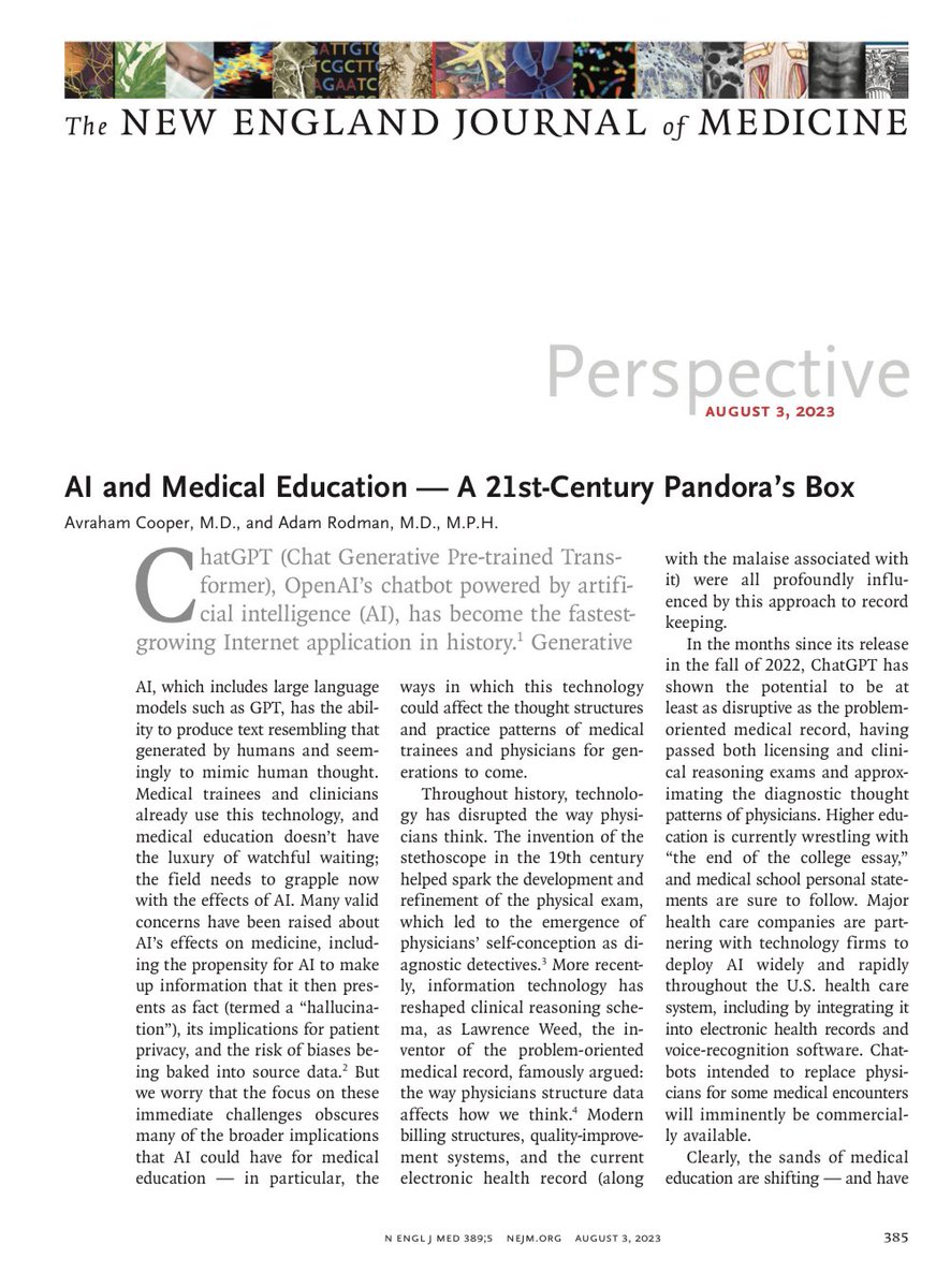 Medical educators have a crucial role in shaping the inevitable integration of AI into the healthcare. @AdamRodmanMD and I wrote about it in NEJM ⬇️ nejm.org/doi/full/10.10…
