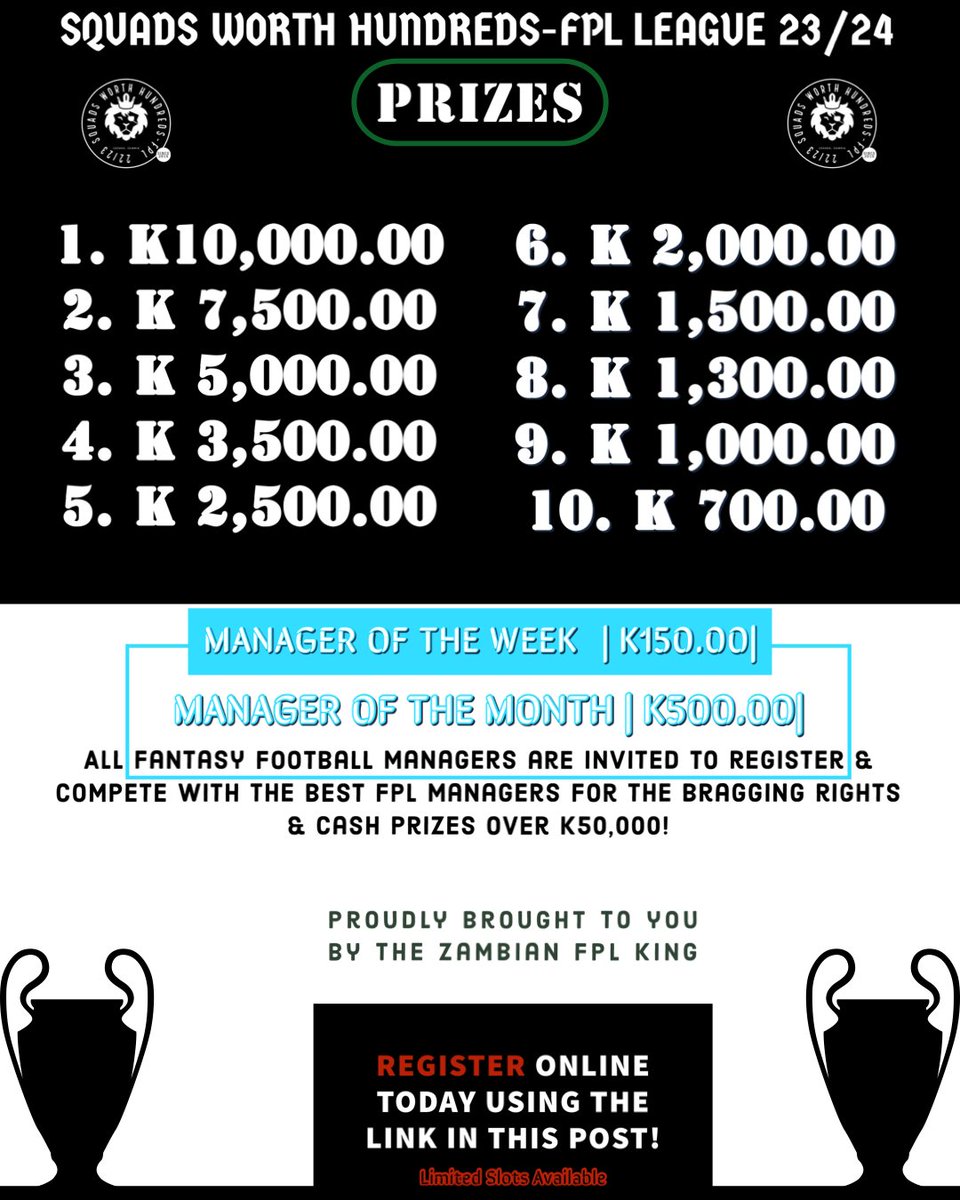 Masulani_'s tweet photo. 𝐉𝐎𝐈𝐍 𝐦𝐞 in the upcoming FPL competition hosted by an E-League sports company @ZambianFPL_KING

NB: 🇴‌🇳‌🇱‌🇾‌ 1️⃣5️⃣0️⃣ 🇲‌🇦‌🇳��🇦‌🇬‌��‌🇷‌ 🇸‌🇱‌🇴‌🇹‌🇸‌ ARE NOW LEFT TO BE FILLED REGISTER &amp; SECURE YOUR SPOT 𝐓𝐎𝐃𝐀𝐘 using the link below⬇️
https://t.co/9vp7tnhnwY https://t.co/G6XN91hTYz