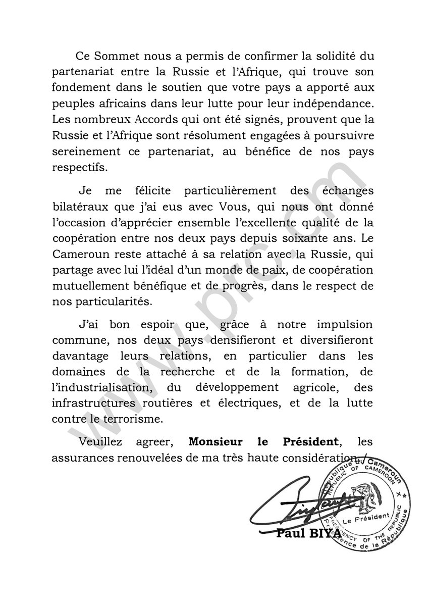 PRC_Cellcom's tweet photo. 🇨🇲🇷🇺
Au terme du Sommet Russie-Afrique auquel S.E. Paul Biya a pris part à Saint-Pétersbourg du 26 au 30 juillet 2023, il adresse ses chaleureuses félicitations à S.E. Vladimir Poutine pour la parfaite organisation de cet événement.
#PaulBiya
#Cameroun
#RussiaAfricaSummit2023
1/2 https://t.co/kFNsiyKvaR