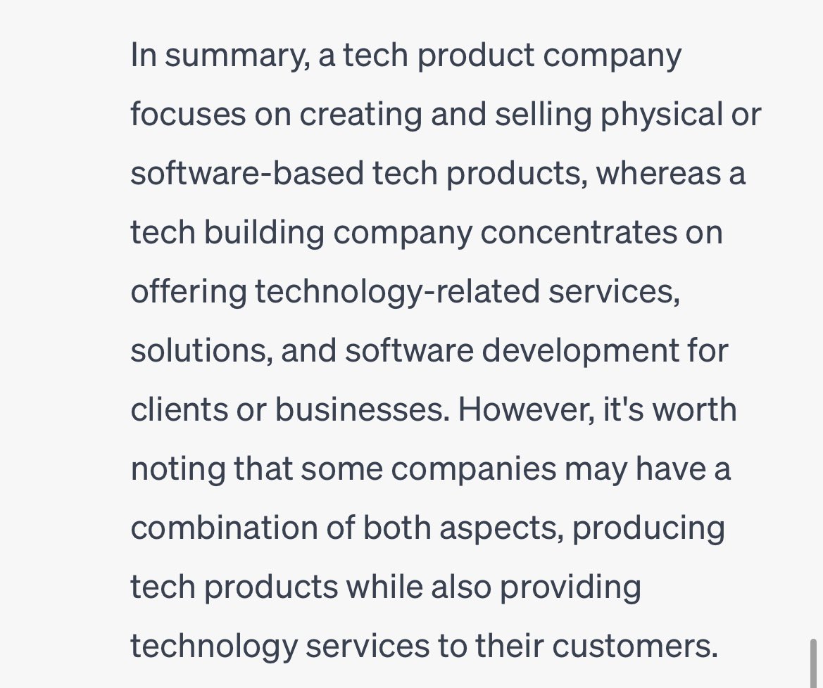 rjv_im's tweet image. As we are entering an era where companies are building products and at the same time selling the tech behind their products so that others can build products too. It’s important to understand difference before building a hybrid. #techproduct 

Credit to #chatgpt for summarizing.