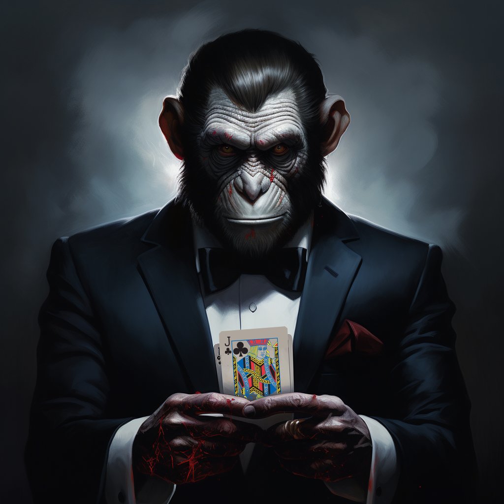 Magic_of_Play's tweet photo. Watch out, folks! This mischievous monkey's bridge skills are no monkey business - he's got the perfect grip on those cards!

There is an animal within us, and don’t be afraid to let it out! We are all Wild Cards.

#magicofplay #midjourney #AI #playingcards #cards #artofcards https://t.co/zB8HZNLwHP