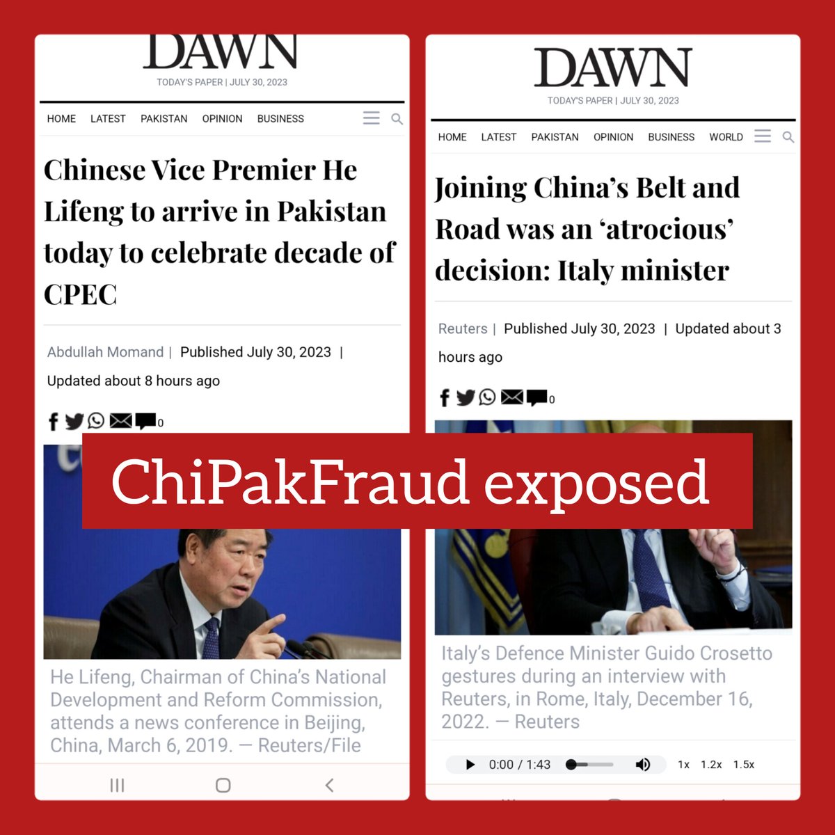 LageRahoKashmir's tweet image. #ChiPakFraud 💥
#PakISPR makes #Dawn 2 publish #Italian 👎story of #BRI of 16 Dec 22 the day #China's Vice Premier is arriving in #Pak 2 🍾 10 yrs of CPEC
Why? @MEAIndia @sushantsareen @GBambawale @Ajaybis @majorgauravarya
Link 1
dawn.com/news/1767479
2
dawn.com/news/1767487