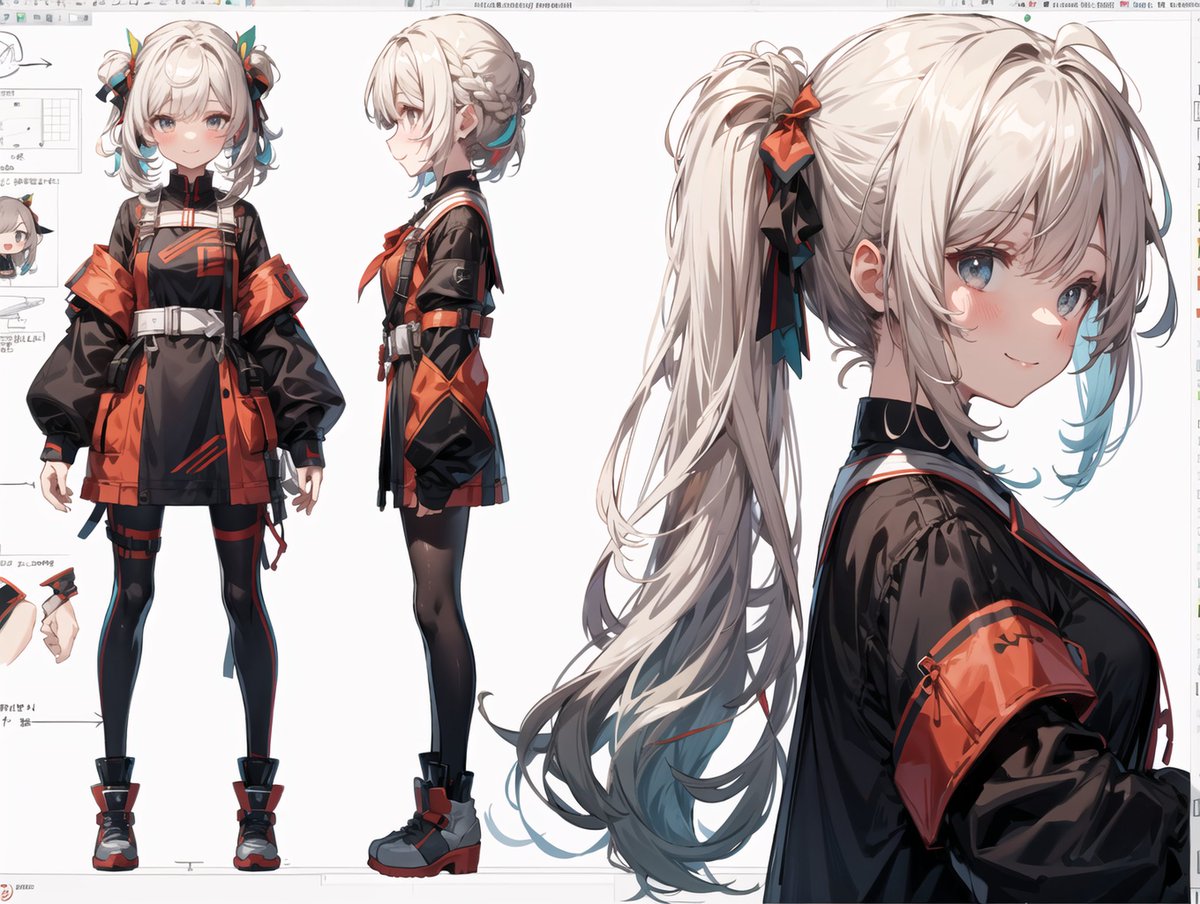 DefpointAI's tweet photo. ControlnetやLoRAを使わずに初心者の方向けにプロンプトだけでキャラデザ(三面図)を生成できる方法を紹介します！
・"standing girl"を使う
・"three view drawing", "front and side and back"
・UIを付けたい場合は"character sheet"
・横長のアスペクト比にする
・髪色をランダムにする

ぜひ参考にしてみてください！
#AIart #AIイラスト