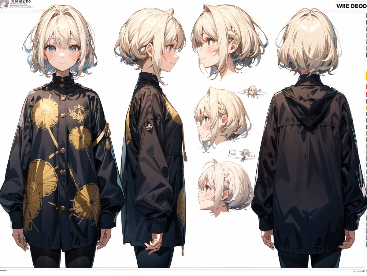 DefpointAI's tweet photo. ControlnetやLoRAを使わずに初心者の方向けにプロンプトだけでキャラデザ(三面図)を生成できる方法を紹介します！
・"standing girl"を使う
・"three view drawing", "front and side and back"
・UIを付けたい場合は"character sheet"
・横長のアスペクト比にする
・髪色をランダムにする

ぜひ参考にしてみてください！
#AIart #AIイラスト