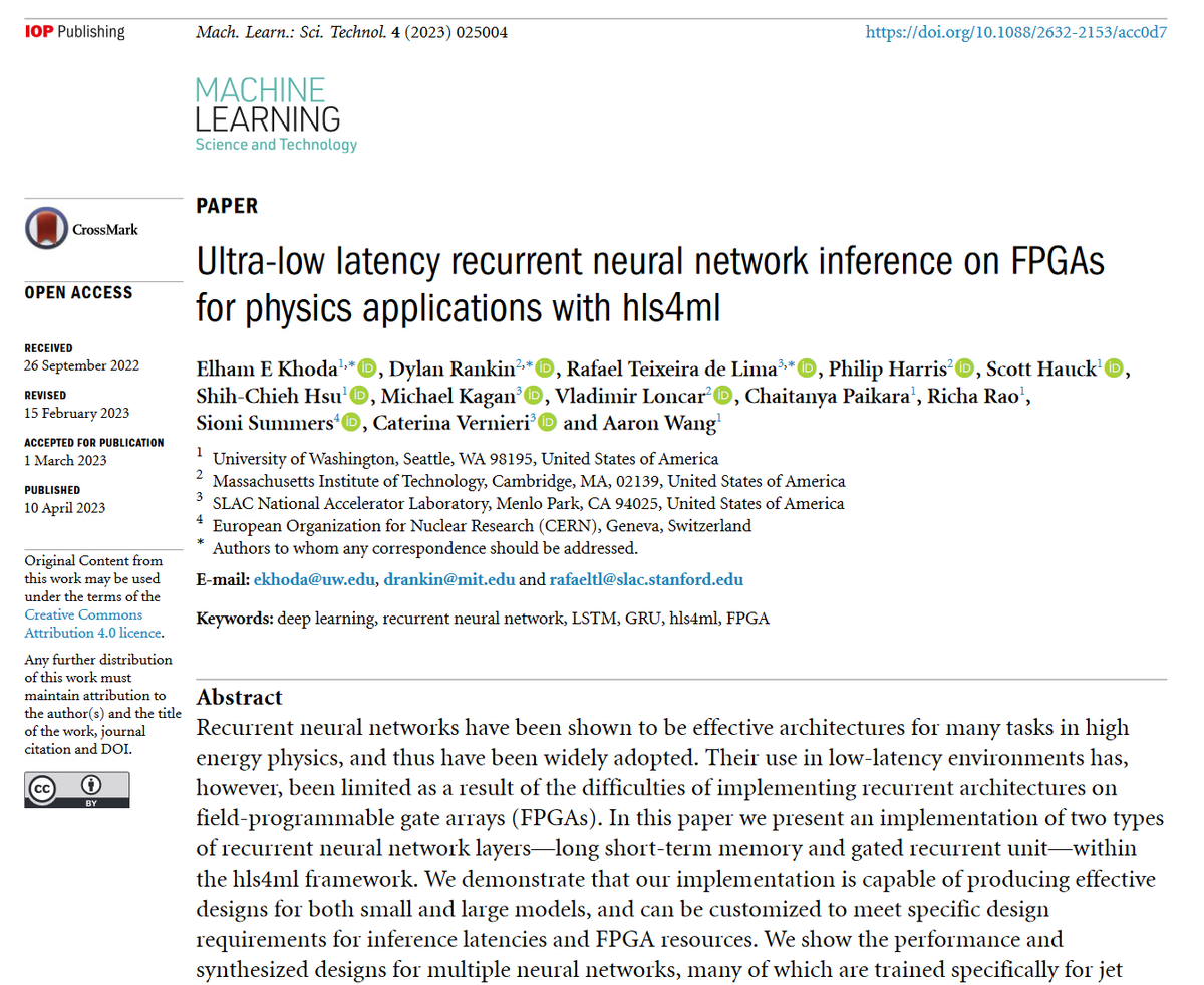 MLSTjournal's tweet photo. 'Ultra-low latency recurrent #neuralnetwork inference on #FPGAs for #physics applications with #hls4ml' by @catevernieri @ShihChiehHsu1 et al @SLAClab @CERN @UW @MIT_Physics hits 500 downloads! https://t.co/6S15I2LLDj #HEP #machinelearning #AI #particlephysics #HPC #neuralnetworks