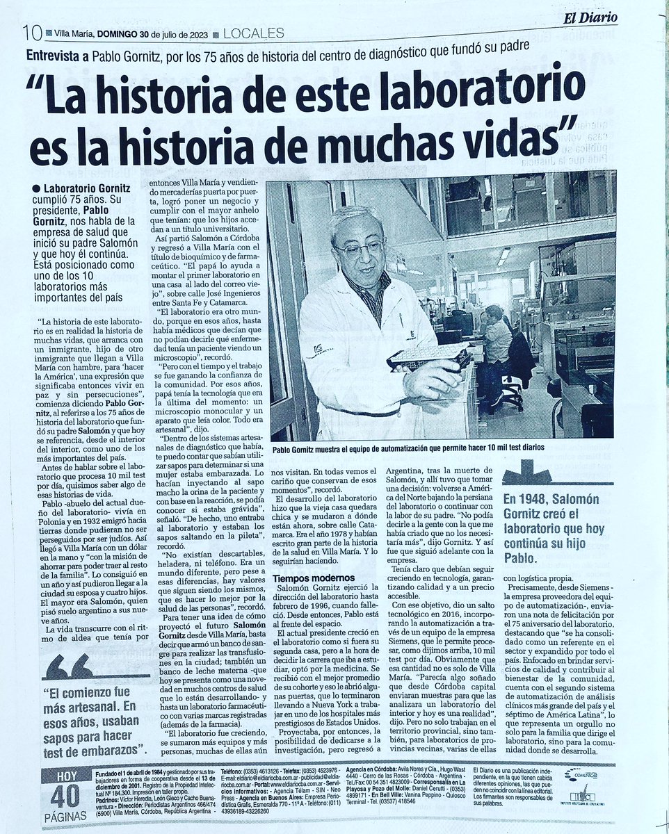 LabGornitz's tweet photo. “La historia de este laboratorio es la historia de muchas vidas”
Entrevista a Pablo Gornitz, por los 75 años del centro de diagnóstico que fundó su padre
El Diario, pg. 10, domingo 30 de julio de 2023 https://t.co/Nk0U1PFqvj