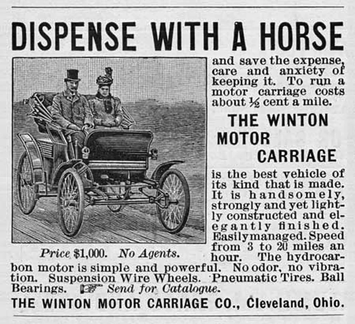 AjitPai's tweet photo. "DISPENSE WITH A HORSE": OTD in 1898, the Winton Motor Carriage Co. placed the advertisement below in Scientific American. It was the first known automobile ad, offering a $1,000 vehicle that could reach speeds of 3-20 mph with a "hydrocarbon motor [that] is simple and powerful." https://t.co/6plwc9PQFr