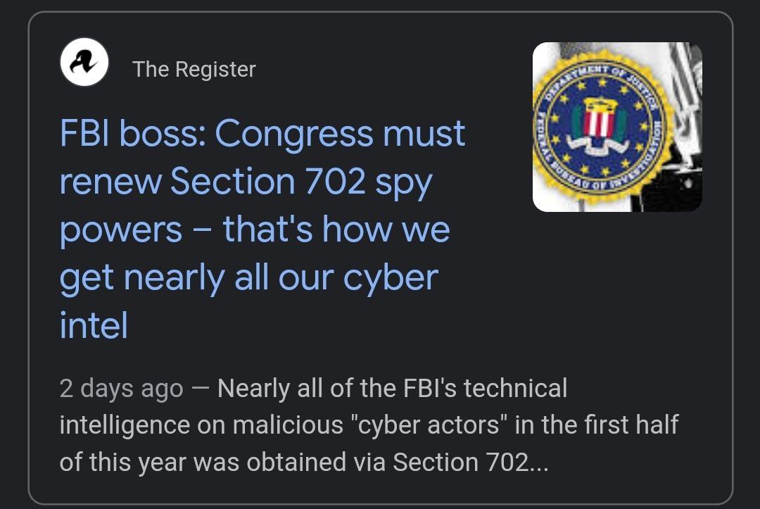 KyleSeraphin's tweet image. The @FBI told Congress they need #Sec702 so they can keep getting intel on cyber actors.

702 doesn’t require a criminal predicate. No crime has to be involved in order to gather “intel.” 

Maybe the Bu should have thought of needs before abusing the tool millions of times?