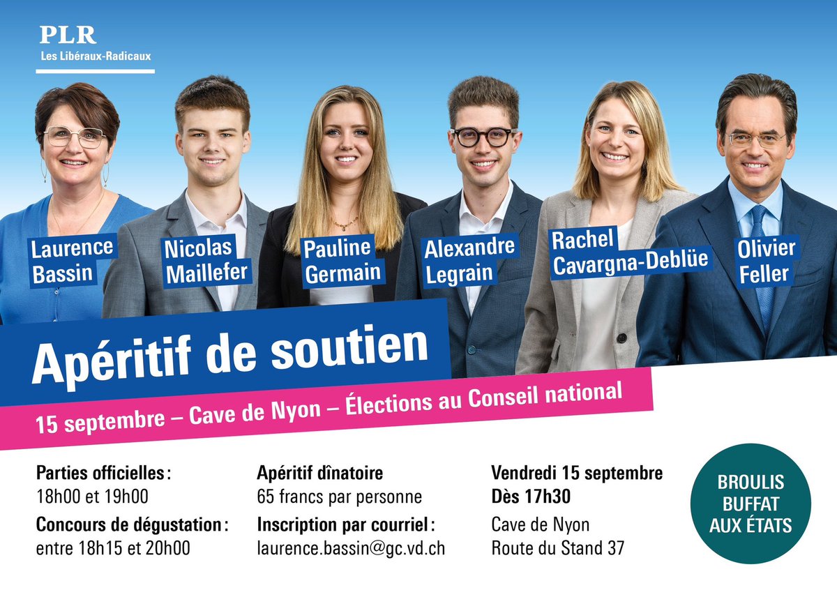 plrlacote's tweet photo. Les candidates et candidats PLR du district de Nyon au Conseil national vous convient à un apéritif 🍷 de soutien qui aura lieu le vendredi 15 septembre dès 17h30 à la Cave de la Côte à Nyon (route du Stand 37)!

Inscription via ce lien: https://t.co/mKj0d4hLne

#EF23 https://t.co/pgcspqv4kL