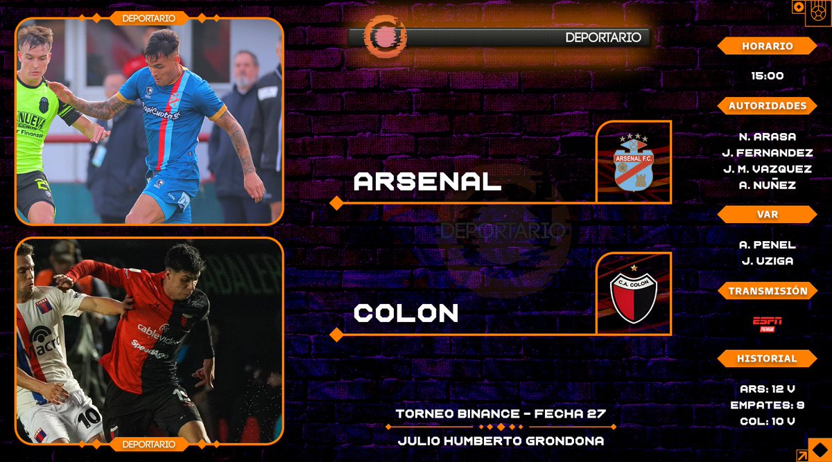deportario's tweet photo. #TorneoBinance | #Fecha27

📅 Domingo | 1️⃣1️⃣ / 1️⃣4️⃣

@ArsenalOficial 🆚 @ColonOficial

🏆 @LigaAFA
⏱️️ 15:00
📺 ESPN Premium 

#LigaProfesional | #Arsenal | #Colon https://t.co/BfXNmjZkc6