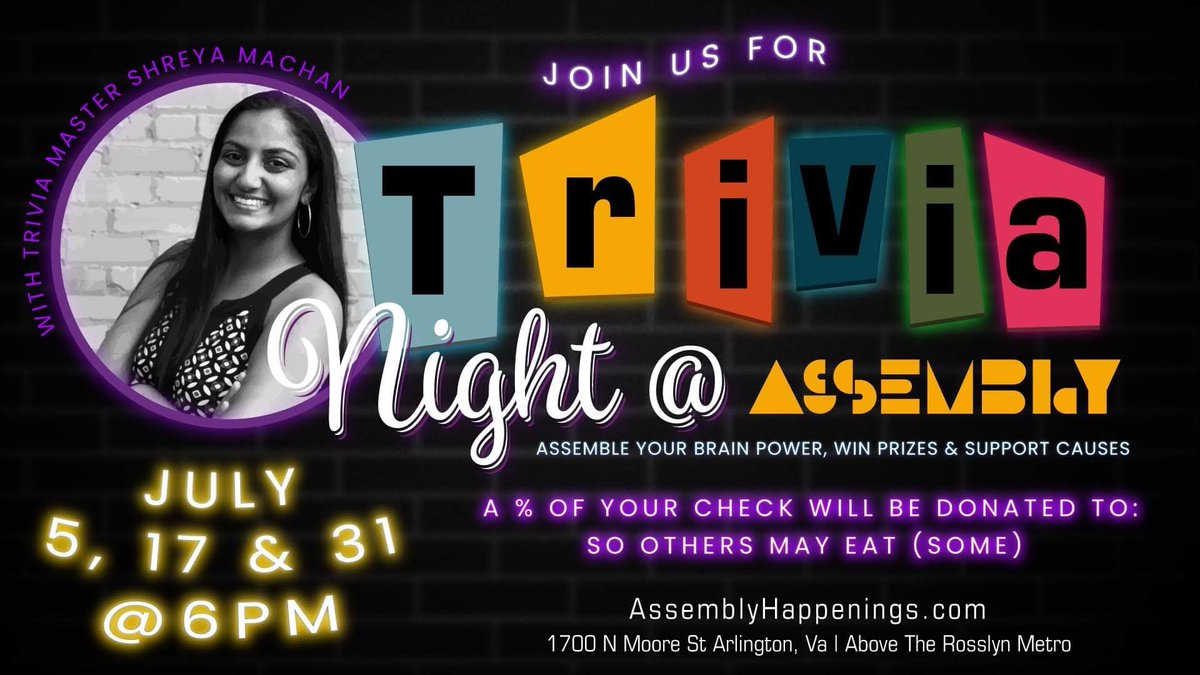 assemblyva's tweet image. 🧠Trivia Night
🗓️MON 7/31 // 6-9PM

TOMORROW!  We are cranking up the energy with Trivia Night @ Assembly. Test your knowledge and enjoy great food and beverage specials, while raising money for @some_dc. 

Sign up 👉 assemblyhappenings.com/trivia-night-r…!
