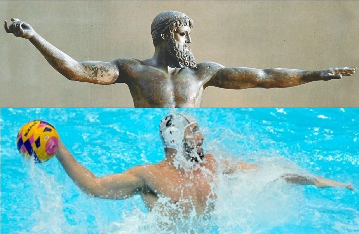 HellenicOlympic's tweet image. Mια έξαιρετική έμπνευση του φιλάθλου Κώστα Πασιόπουλου, βλέποντας τη φωτογραφία του Ντίνου Γεννηδουνιά στον αγώνα της Εθνικής πόλο με τη Σερβία που την παραλλήλισε με το Άγαλμα του Δία ή του Ποσειδώνα από ναυάγιο κοντά στο ακρωτήριο Αρτεμίσιο
