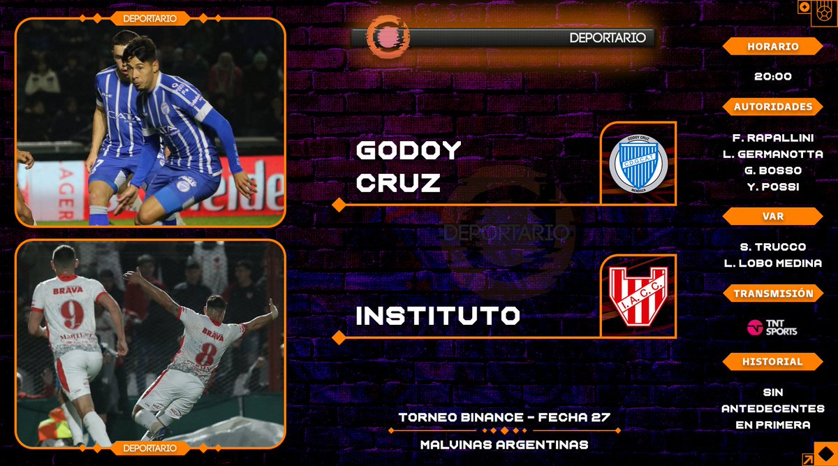deportario's tweet photo. #TorneoBinance | #Fecha27

📅 Domingo | 1️⃣4️⃣ / 1️⃣4️⃣

@ClubGodoyCruz 🆚 @InstitutoACC

🏆 @LigaAFA
⏱️️ 20:00
📺 TNT Sports 

#LigaProfesional | #GodoyCruz | #Instituto https://t.co/FcvCiisLjD