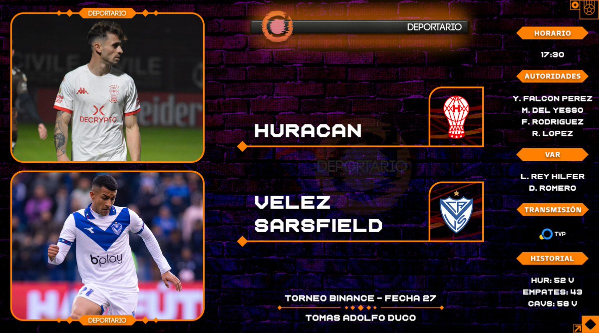 deportario's tweet photo. #TorneoBinance | #Fecha27

📅 Domingo | 1️⃣3️⃣ / 1️⃣4️⃣

@CAHuracan 🆚 @Velez

🏆 @LigaAFA
⏱️️ 17:30
📺 TV Pública 

#LigaProfesional | #Huracan | #Velez https://t.co/hY1knf6eF6