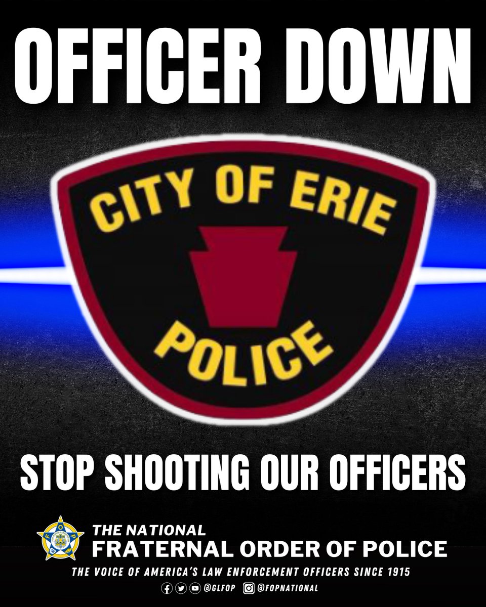 GLFOP's tweet photo. 🚨 OFFICER DOWN: Please pray for the Erie (PA) Police Officer who was shot in the line of duty while responding to a shots fired call early this morning. Thankfully, the Officer is in stable condition. The shooter is in custody.

The violence against the men and women of law enforcement is an attack on the foundation of our communities and a stain on society. #NoMore 

STOP SHOOTING OUR OFFICERS!