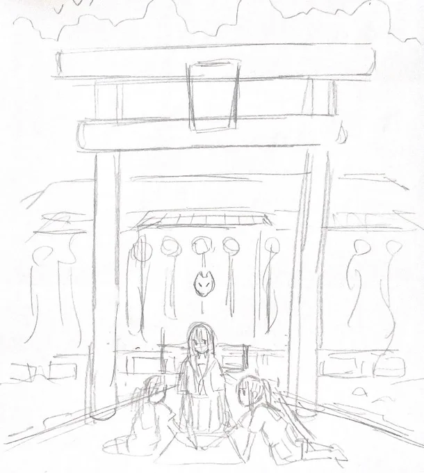 下絵段階ではお友達2人ともいたし背景もちゃんと描き込む予定だったのですが不気味さを考えて色々引き算しました。嫌な感じの絵になってればいいな〜