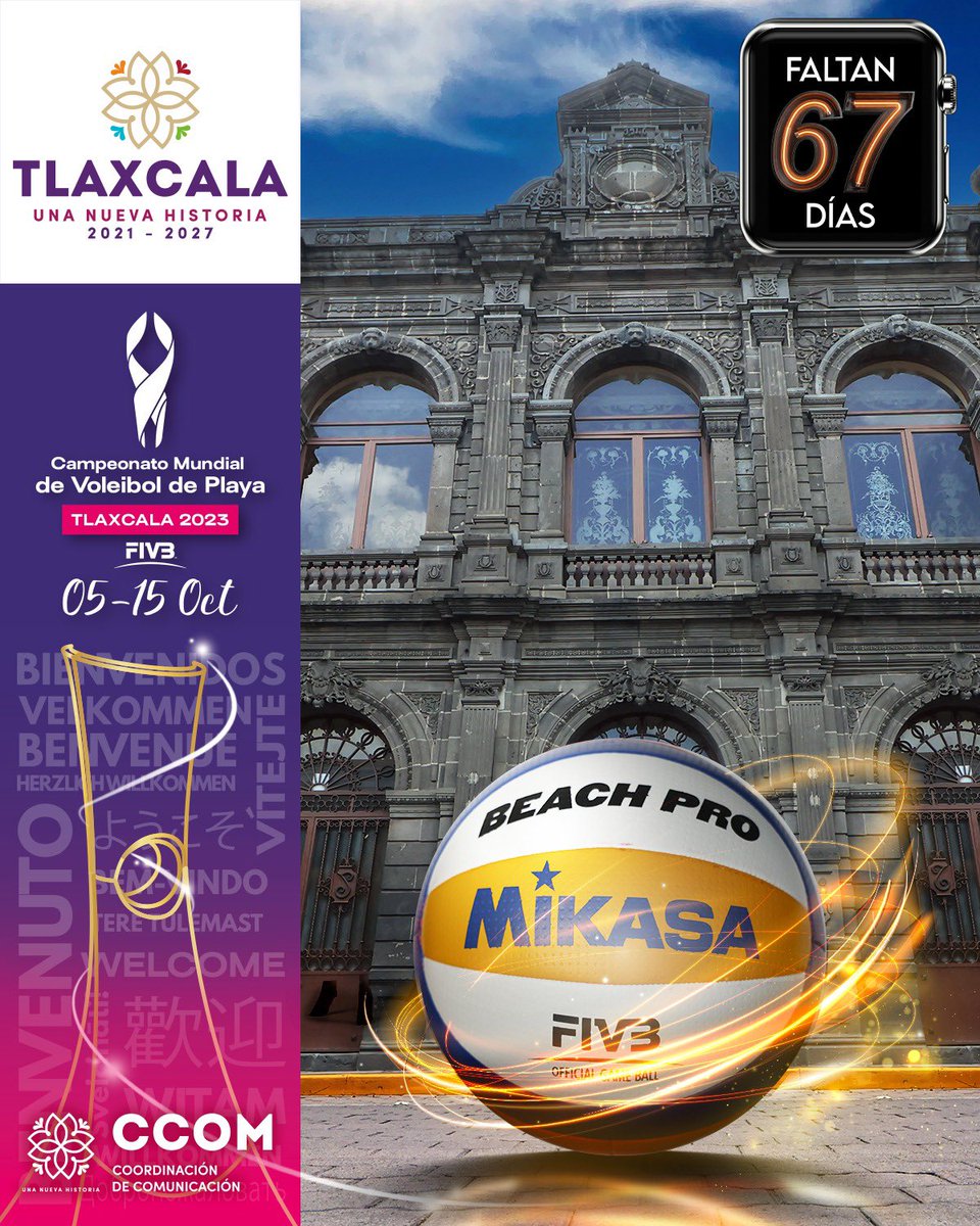 ¡Estamos a 67 días del Campeonato Mundial de Voleibol de Playa, #Tlaxcala 2023‼️#CMVPT2023🟣

Competirán en tierras tlaxcaltecas 192 atletas de 38 países por su boleto a los Juegos Olímpicos #París2024.

🌐Visita la página oficial del evento en: mundialtlaxcala2023.com
