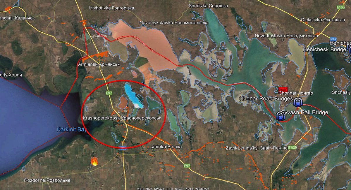 TimInHonolulu's tweet photo. 1. If the #Chohar road bridges are permanently out that's a big deal. It would leave the vulnerable #Syvash rail bridge to the east and #Armiansk to the west as the only Crimean access. If Ukraine can advance its #Kherson bridgehead, with success in the north Russia has to https://t.co/ohbaj4KN6t