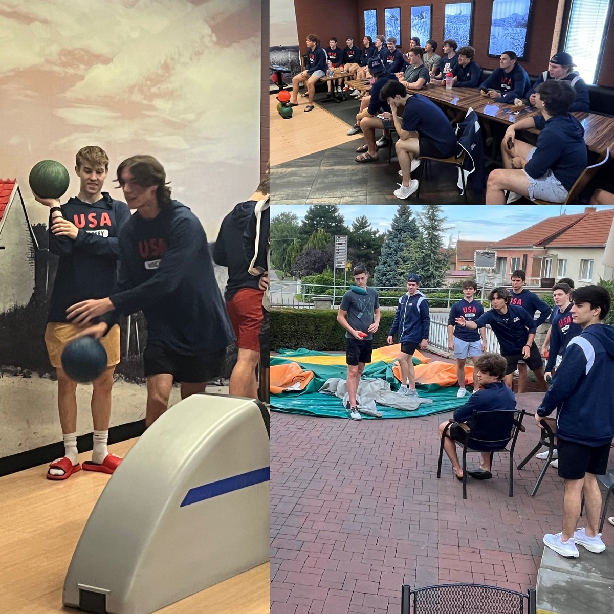 Tournament-eve day. The boys getting out of the hotel to bowl and play bags. #AnythingisEverything <a href="/usahockey/">USA Hockey</a> @TogetherWeWill
