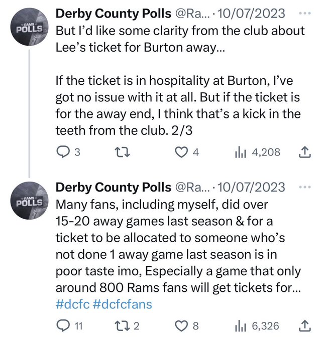 A tweet questioning Derby County's decision to give tickets to Lee, the Derby County fan travelling around the globe to see them play.