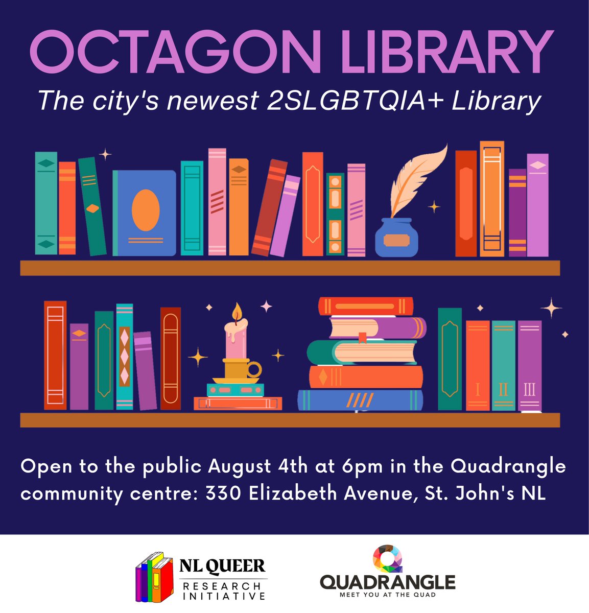 NLQueerresearch's tweet photo. We have exciting news to announce!!! On Friday August 4th  our brand new 2SLGBTQIA+ library that we've created with @TheQuadNL will be officially open to the public. We have a large collection of books written by and for members of the 2SLGBTQIA+ community. https://t.co/ODKQk24pms