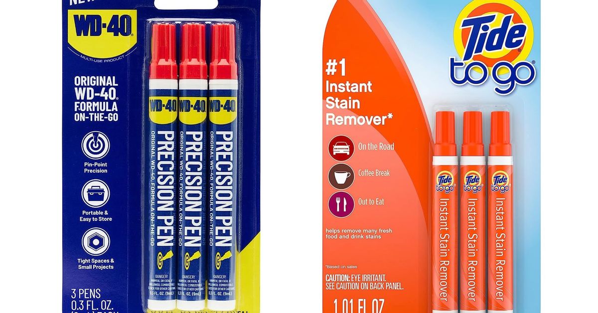 verge's tweet photo. Oh my god, WD-40 is now available in a Tide pen https://t.co/0Me6PcaCUO https://t.co/hIZRUGOc6i