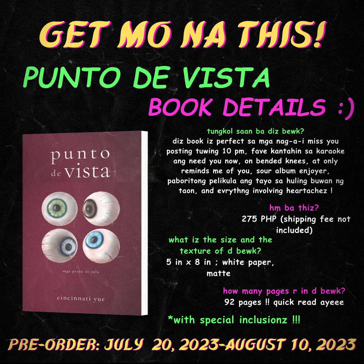 cincinnatiyue's tweet photo. hello, kumusta?

pasensya, sa facebook na ako laging tumatalak at tumatambay. pero available na pala ang unang prose poetry book ko for pre-order :)) salamat kay ate lena at dcp! <33

pre-order form link: https://t.co/X8kmUH1eQU

ingat kayo lagi! 💗 https://t.co/zPkP3lSwo6