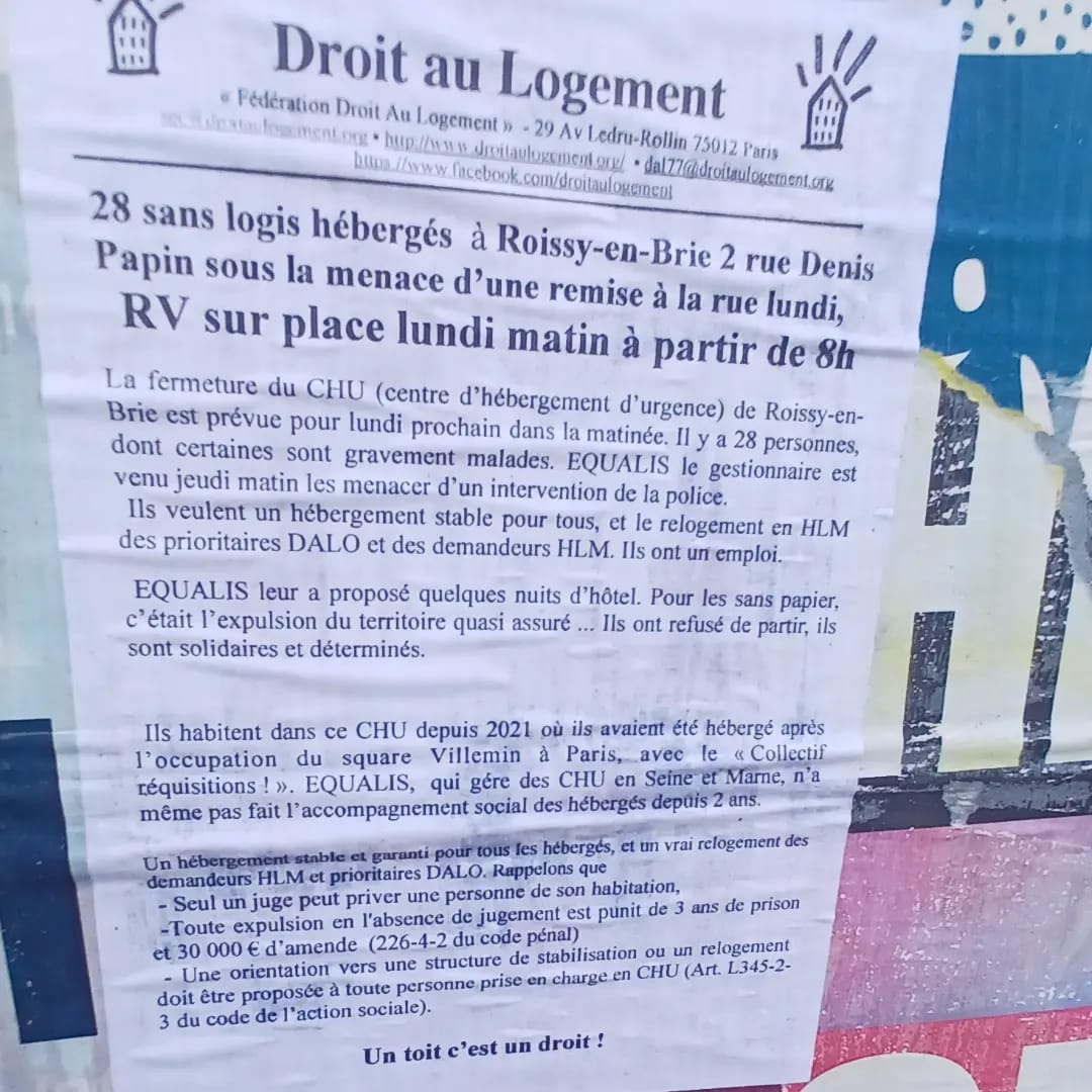 [URGENT] Solidarité avec les 28 sans-logis hébergés à Roissy-en-Brie, sous la menace d'une remise à la rue lundi
lundi 31 à 8h, Centre d'hébergement d'urgence de Roissy-en-Brie
agendamilitant.org/Solidarite-ave… #droitaulogement