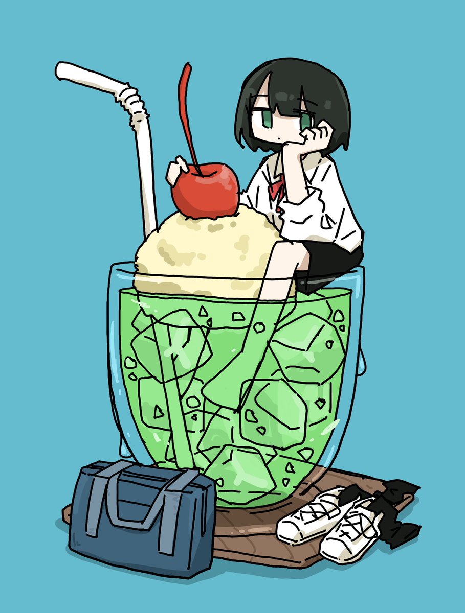 1girl solo drinking straw food ice cube black hair ice  illustration images