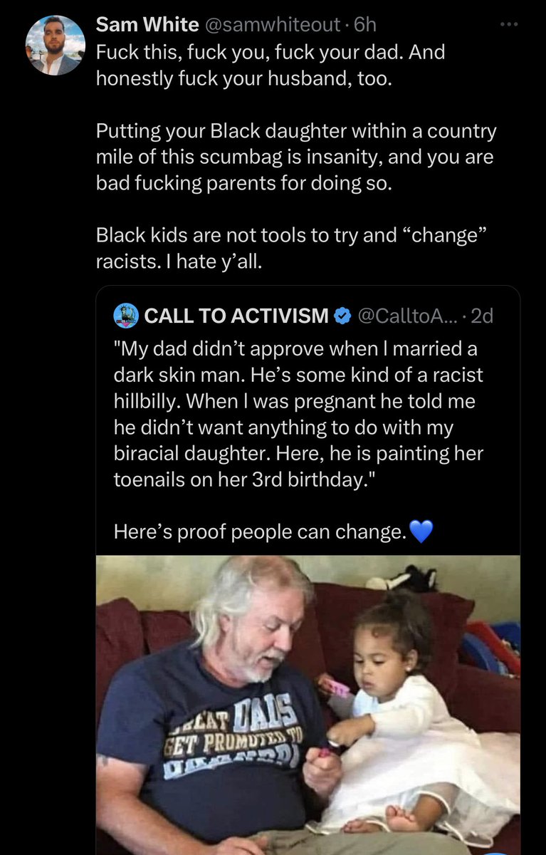 notcapnamerica's tweet image. And I can 💯 guarantee he’s still racist, he’s just done a series of mental gymnastics to make an “exception” for his granddaughter.